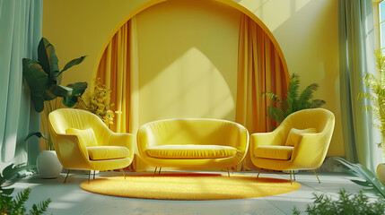 Sunny Yellow Living Room: A modern and stylish living room bathed in sunlight, featuring a vibrant yellow color scheme.  Three plush yellow armchairs and a sofa create a cozy and inviting atmosphere.