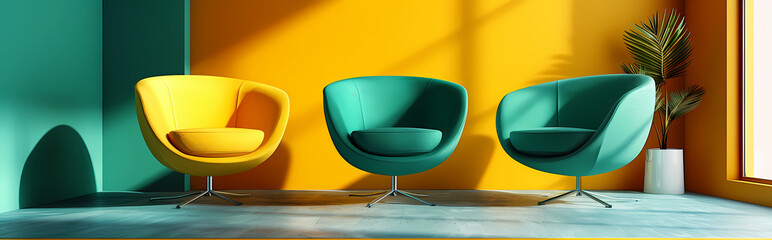 Wall Mural - Vibrant Interior Design: A yellow and teal armchair arrangement adds a pop of color to a modern living room.