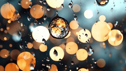 Aufkleber - Raindrops on glass with bokeh lights urban setting photography close-up beauty