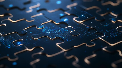 A high-tech digital puzzle assembles in real-time, glowing against a blue abstract background filled with pulsating energy grids and intricate network nodes, symbolizing innovation