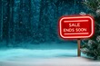 © Pixelbiz - Christmas sale limited-time concept. A glowing red sign in a snowy forest announces a sale ending soon, surrounded by pine trees and a serene winter landscape.