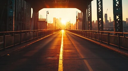 Fototapete - Golden Sunrise Over Urban Bridge with Sunlight Casting Long Shadows and Creating Beautiful Reflections on Asphalt Surface and City Skyline in Background