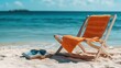 © meta - Relaxing beach scene with a chair, towel, book, and sunglasses.