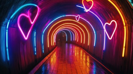 Sticker - Vibrant neon hearts creating a tunnel of light, providing a dazzling and romantic scene for visitors