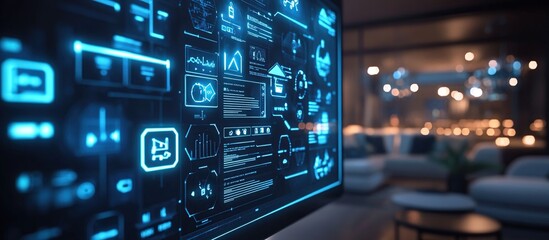 Futuristic digital interface displaying data analytics on a screen in a modern home.