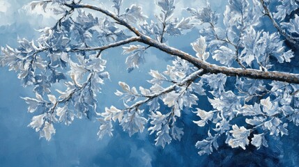 Canvas Print - Winter oak branches with frosty leaves and a cold blue tone, emphasizing the season's chill.