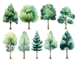 Watercolor green trees clip art set, vector illustration on a white background