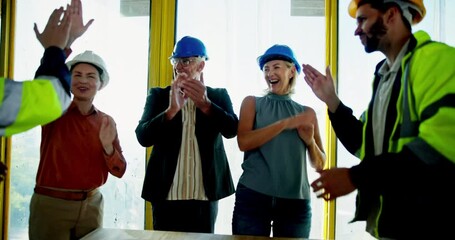 Poster - Architecture, team and celebration with high five, success and applause from development approval. Management, meeting and construction people with motivation, deal and excited from achievement
