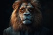 © zhuan - Stylish lion wearing sunglasses suit posing as supermodel in fashionable attire portrait against dark background
