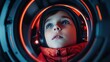 © khonkangrua - Young Child Gazing Curiously Through a Futuristic Circular Portal with Neon Lights and a Warm Expression