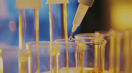 Wall Mural - Scientist using pipette to add liquid to multiple transparent test tubes in laboratory setting