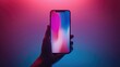 © M_H_L - Hand holding smartphone with vibrant neon background.
