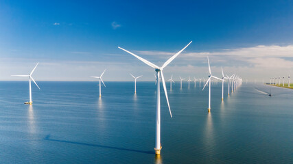 offshore windmill farm in ocean, green energy transition, zero emissions, windmill turbines generati