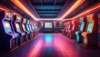 © Raffaza - Neon-lit arcade filled with vintage gaming machines.