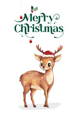 Wall Mural - Merry Christmas cover design with cute reindeer wearing santa hat, watercolor painting design on white background 