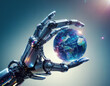 © Bezgrafika - A close up bionic hand of robot holding glow blue globe hologram on blue gradient background