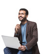 © kite_rin - Portrait of handsome smiling young man with laptop computer isolated transparent PNG, Joyful cheerful casual businessman looking up