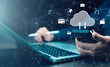 © Bussarin - Cloud technology concept Global network of metaverse systems concept, Man hand touch data with internet cloud technology and File Transfer backup copy,Global business  Internet for Telecommunication