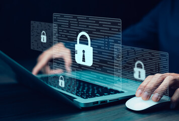 man using laptop with binary code lock , representing data flow in technology or cyber security concept Isolated on white background,Programming code,software developer and Computer script