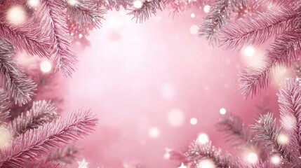 Wall Mural - Christmas Holiday pink background, pine branches. Copy space