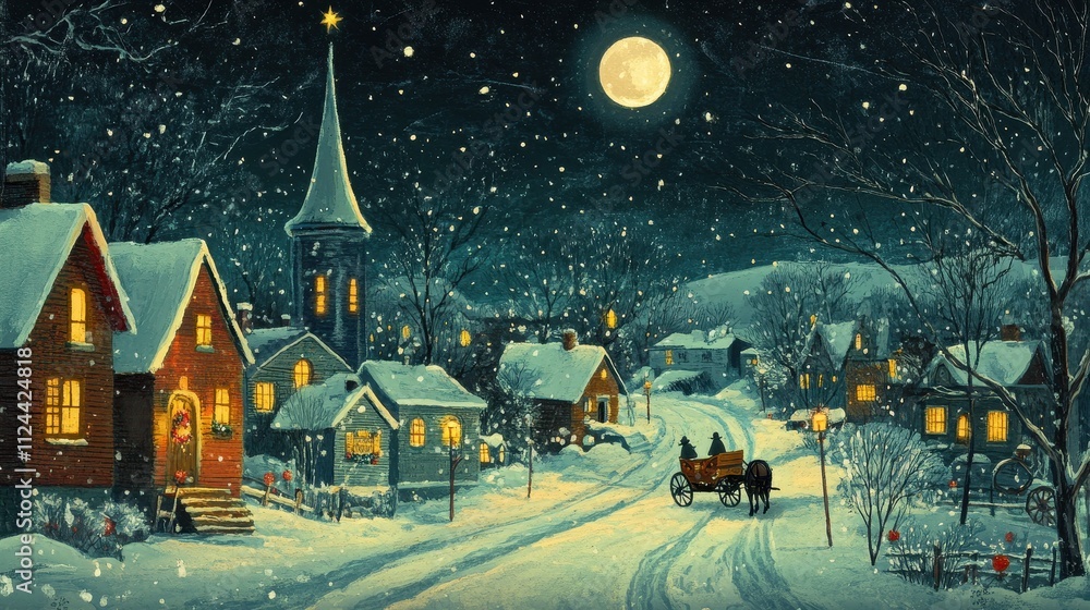 A Magical Christmas Eve Night in a Snowy Village: Horse-Drawn Carriage ...