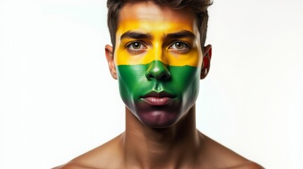 Wall Mural - Man with Lithuanian flag face paint, bold colors, focused expression