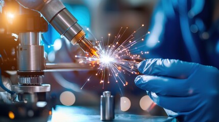 Poster - Close-up of Precision Welding Under Microscope with Sparks Flying