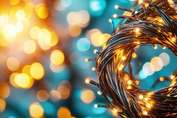 Poster - Twinkling Fairy Lights on Woven Wire with Bright Bokeh Background