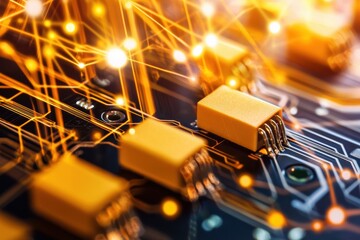 Fototapete - Abstract Close-Up of Circuit Board with Orange Elements and Lights