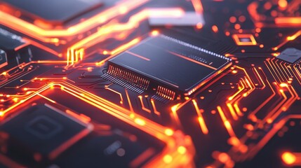 Fototapete - Close-Up of Circuit Board with Glow Effects and Microchip Components