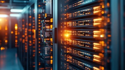 Fototapete - Data Center with Bright Server Racks and Illuminated Technology