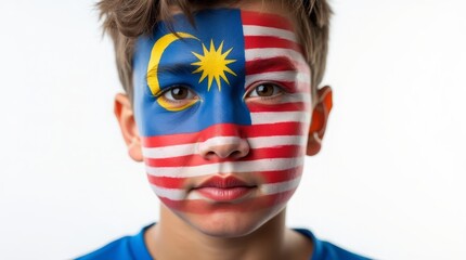 Wall Mural - Child with Malaysian flag face paint, vibrant colors, thoughtful expression