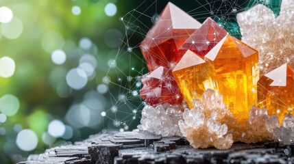 Aufkleber - Vibrant Red and Orange Crystals on Dark Surface with Bokeh Effect