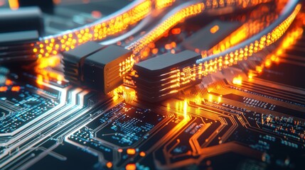 Poster - Futuristic Circuit Board with Glowing Orange and Blue Elements