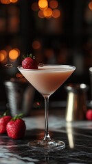 Wall Mural - Elegant cocktail served in a glass with fresh strawberries on the marble bar at a stylish evening gathering