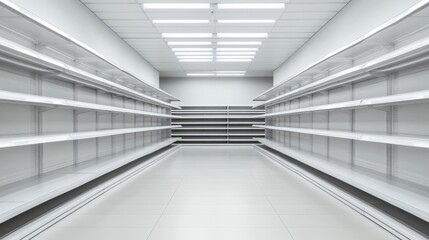  Empty aisle in a modern supermarket with white shelves holding unbranded items.