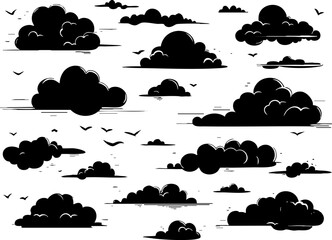 Wall Mural - a collection of various cloud shapes and silhouettes in black and white, perfect for backgrounds or 