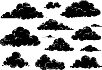 A collection of various black clouds in different shapes and sizes, suitable for graphic design and weather themes.