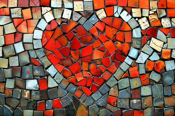 Colorful mosaic artwork featuring a large heart pattern created with various tiles