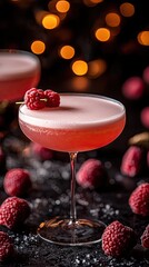 Wall Mural - Creative cocktail with raspberries and bokeh lights highlighting vibrant red tones in a stylish setting for evening enjoyment