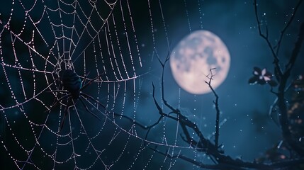 A spider web glistening in the moonlight with a large black spider.