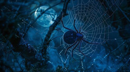 A spider web glistening in the moonlight with a large black spider.