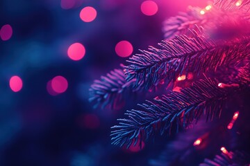 Wall Mural - Close-up of Christmas tree with red lights, blue hue