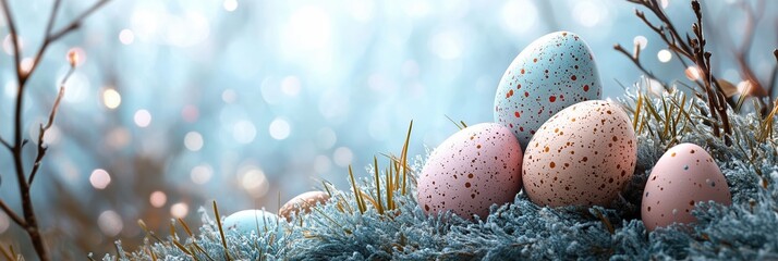 Wall Mural - Pastel easter eggs with golden spots on frost moss. Winter holiday concept