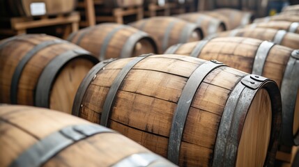 Aged to Perfection: Rows of oak barrels in a distillery, showcasing the craftsmanship and aging process of fine spirits. A rustic yet elegant image ideal for branding and marketing. 