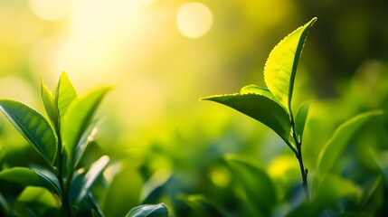 Wall Mural - Young Tea Plants Bask In Morning Sunlight