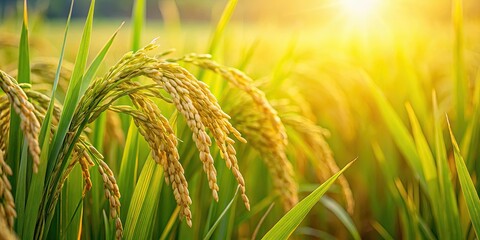 Wall Mural - summer rice field with ears of rice growing, agriculture, summer, rice field, green, growth, nature,