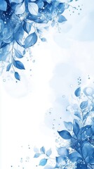 Wall Mural - Blue leaves and snowflakes with water drops on white background. Winter celebration concept