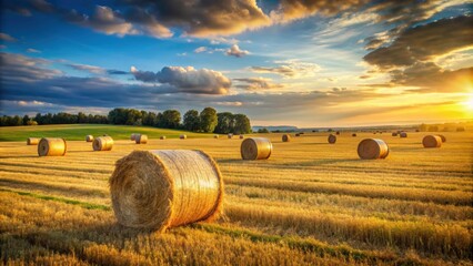 Wall Mural - scattered hay bales in sunny field during summer , hay, bales, rolled, scattered, field, sunlit, sum