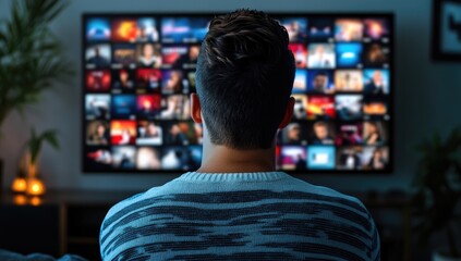 Backview Of Caucasian Man Looking at Animated Stream Of Online Interfaces With Social Media, Fintech Services, e-Commerce Shopping, Internet Influencers, And Video Games. Visualization Of Web Network.